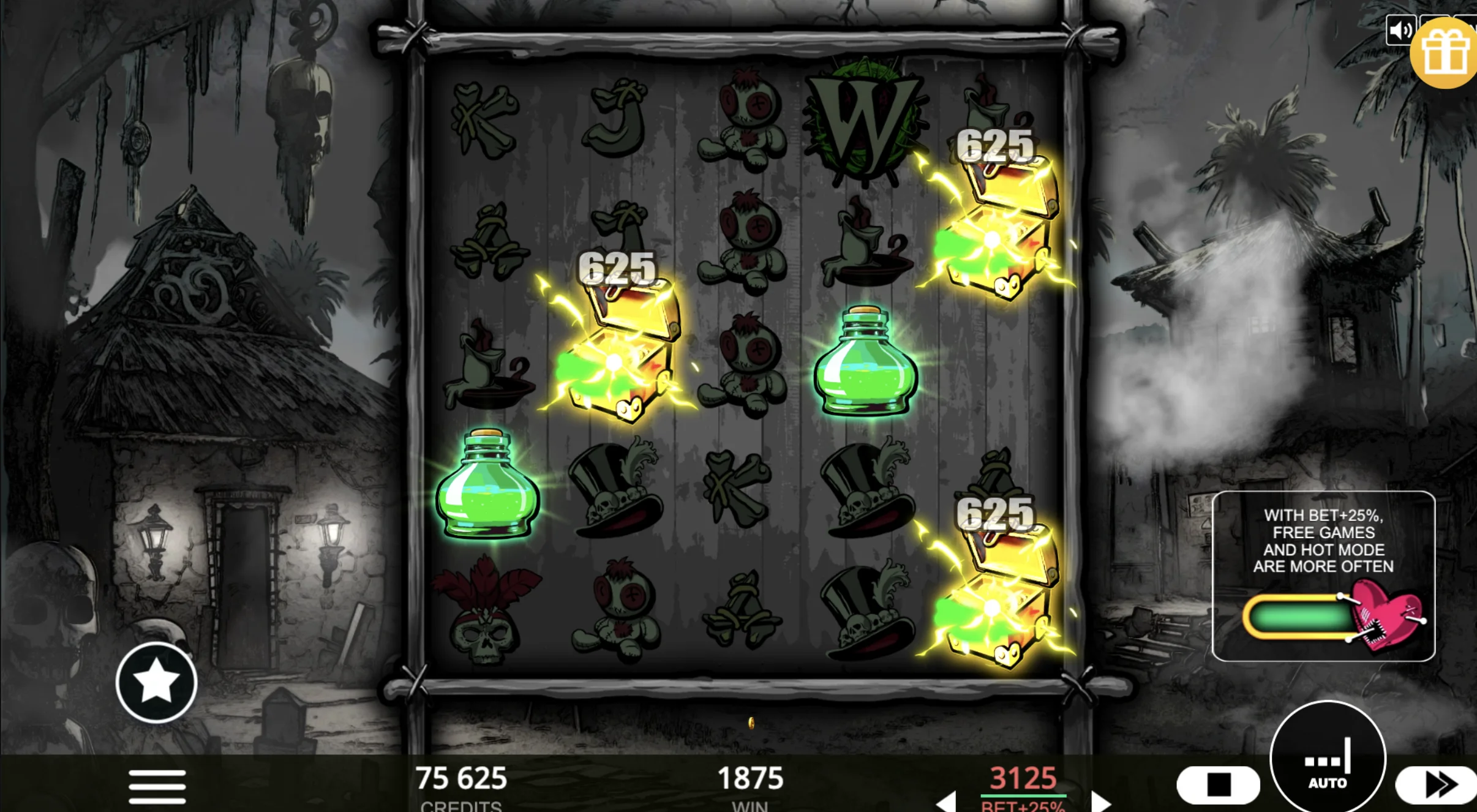 Voodoo Coins base game gameplay showing 5x5 grid with coin values and chest symbols