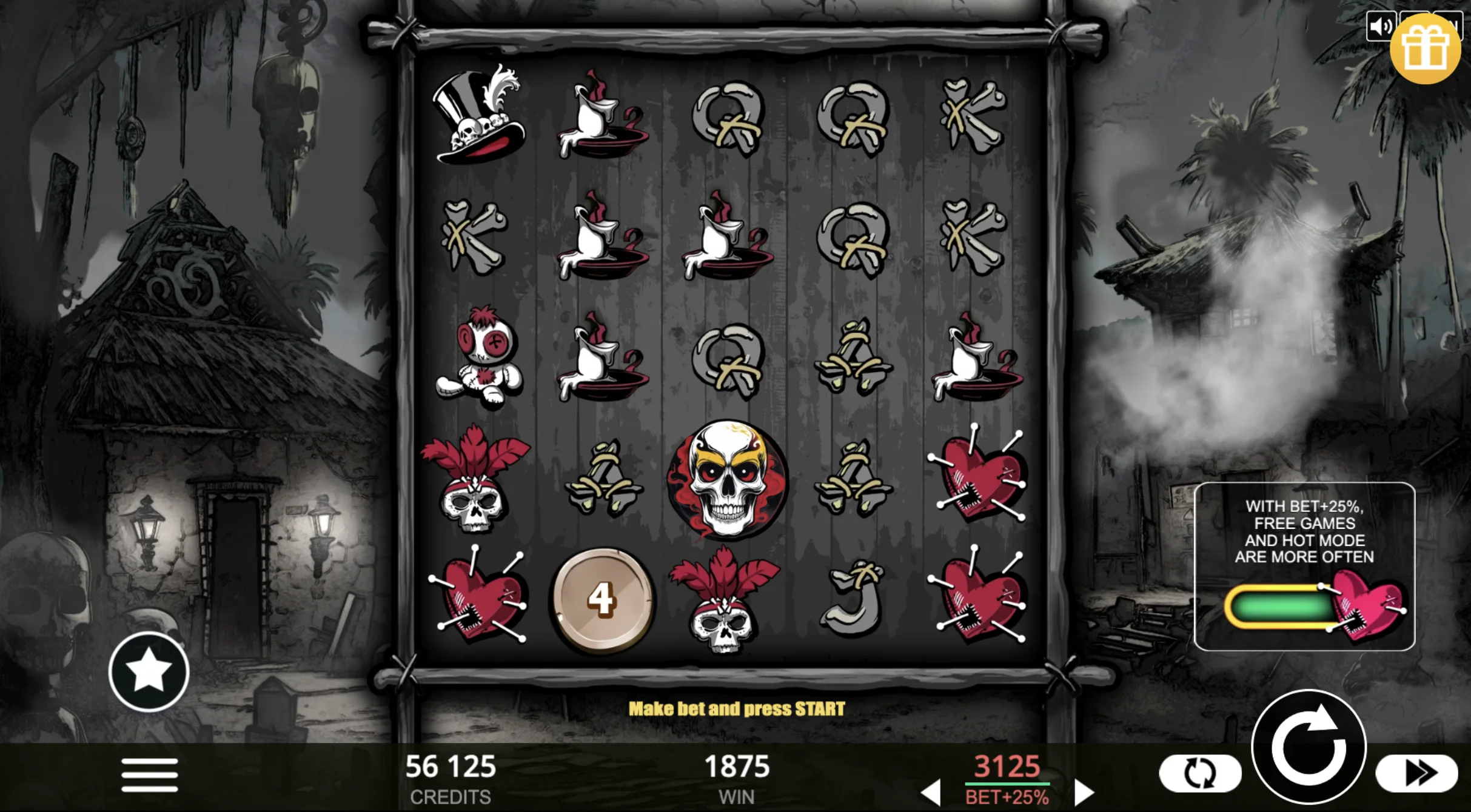 Voodoo Coins slot game by Belatra Games — dark mystical 5x5 grid with coin symbols