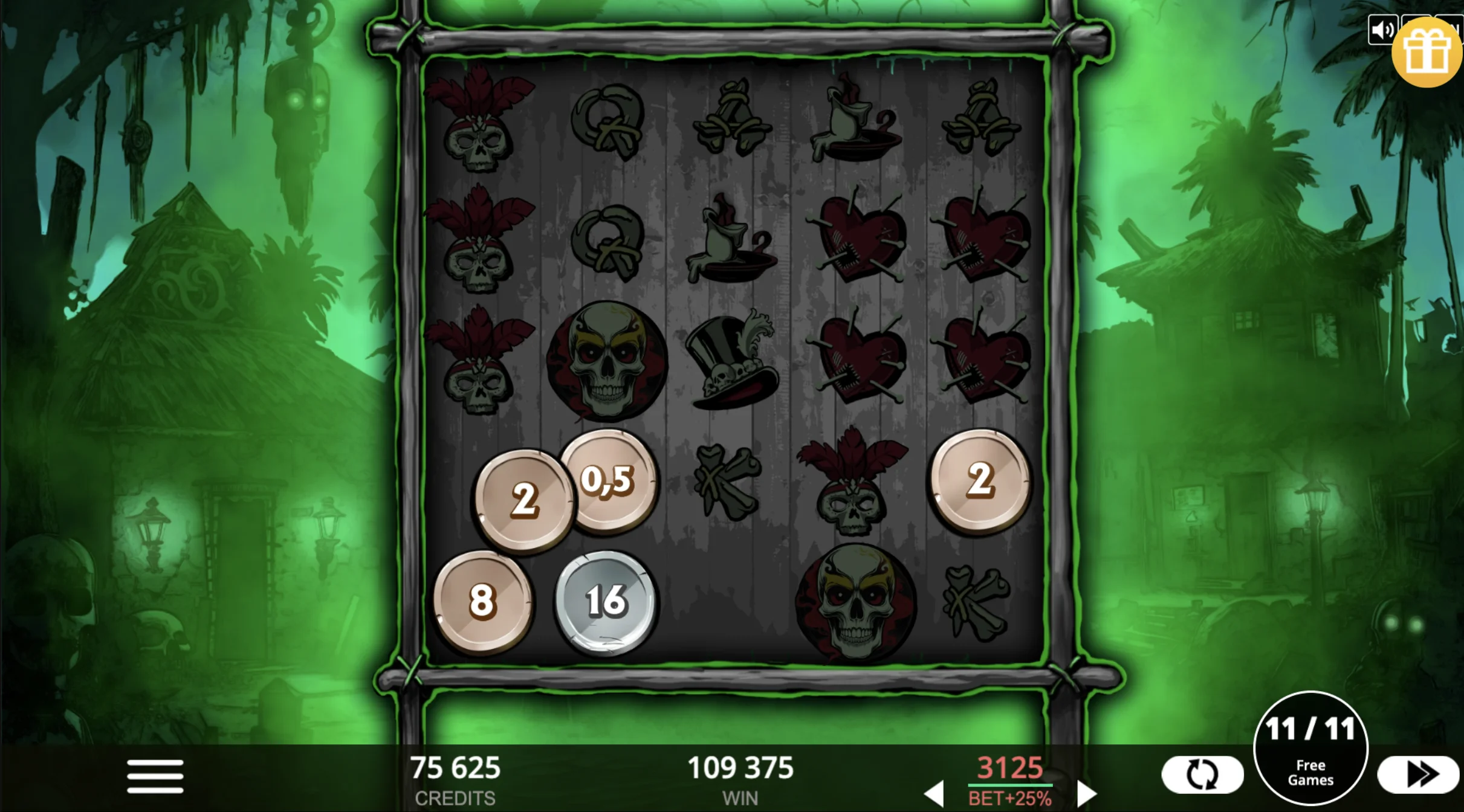 Voodoo Coins wild symbol feature with sticky wilds locking on 5x5 grid